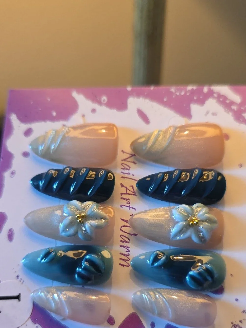 Teal & Ivory Press-On Nail Set Size Large
